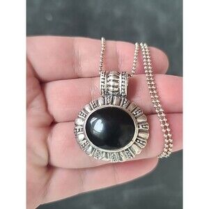 925 Sterling Silver Faux Black Stone Pendant Necklace Vintage READ Description